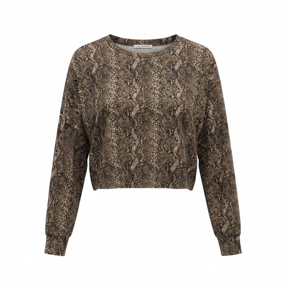 Zara Knit Snakeskin Print Cropped Sweatshirt Brown Tan Long Sleeve‎ Crew Neck
